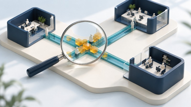 A magnifying lens highlights amber work tiles at the junction between three miniature navy offices.