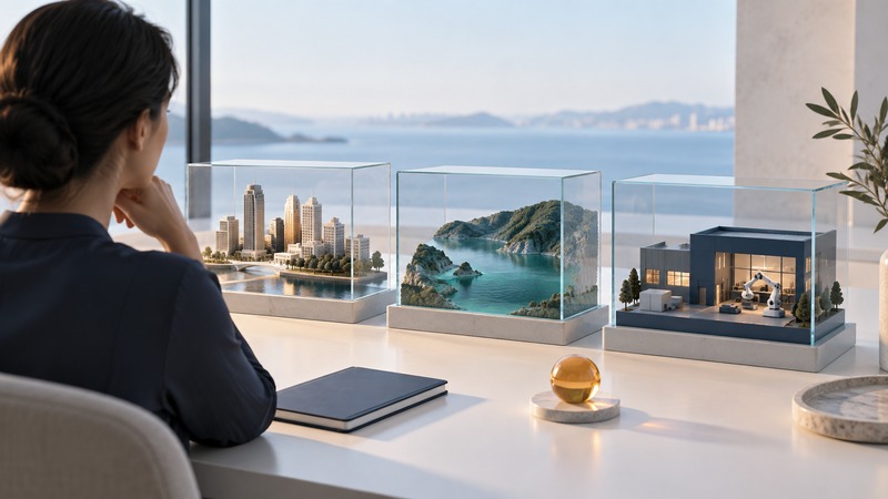 A person studies glass models of a city, a reservoir, and a workshop beside a notebook and amber marker.