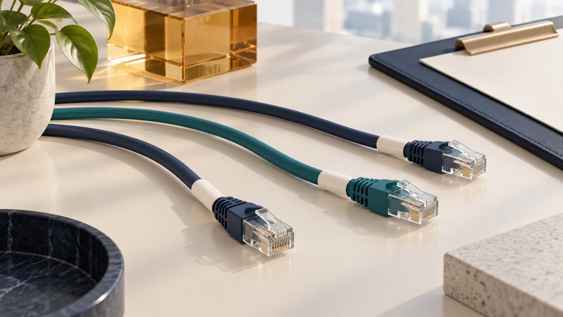 Three navy and teal patch cables have blank wraparound labels near their transparent plugs.