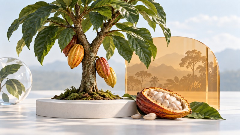 A conceptual cacao tree with pods attached to its trunk beside an opened pod containing pale pulp-covered seeds.