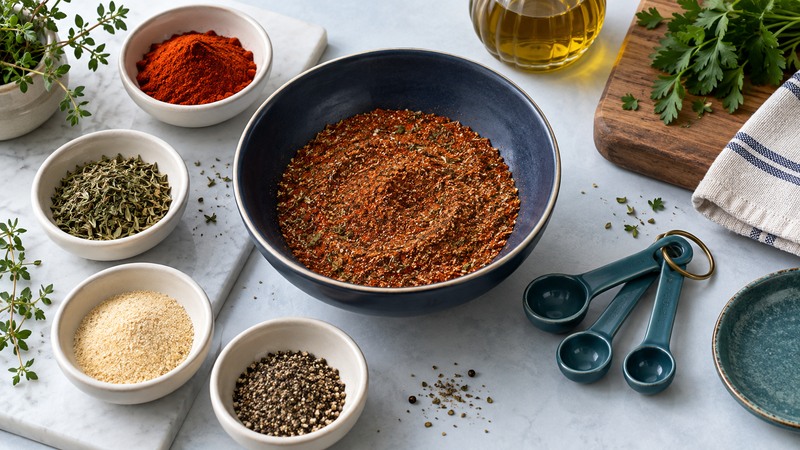 A navy bowl of red herb-flecked seasoning surrounded by separate spices and teal measuring spoons.