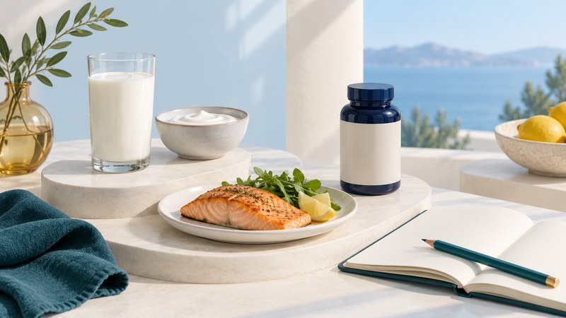 Milk, yogurt and salmon sit on ivory platforms beside a navy supplement bottle and an open notebook.
