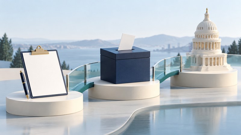 An ivory government building, petition clipboard and teal ballot box on a calm architectural platform.