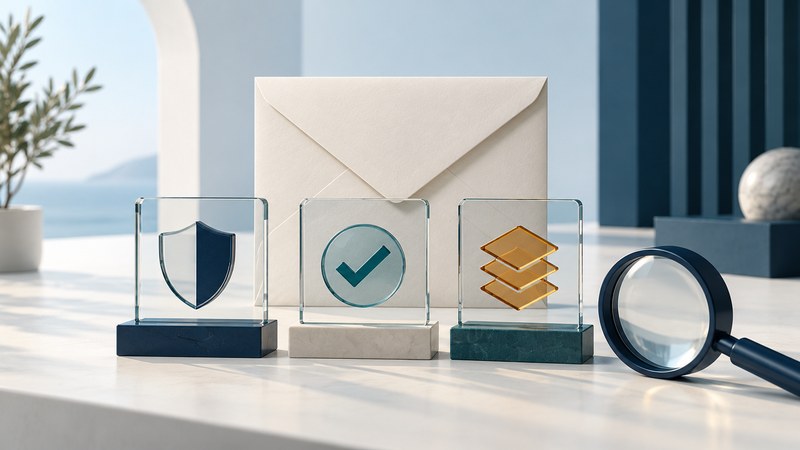 An ivory envelope behind three glass checkpoints with distinct geometric symbols.