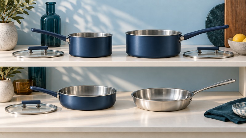 Separate navy and stainless cookware arranged on two ivory shelves with glass lids beside the pans.