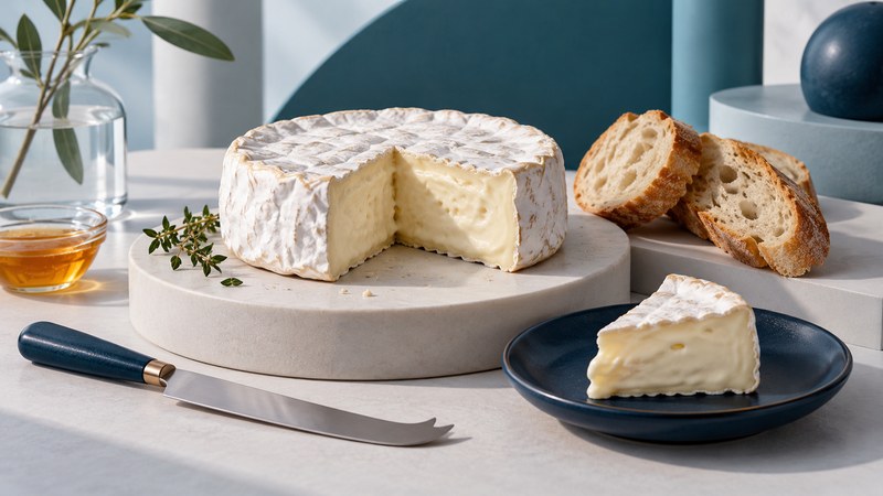 A small white-rind Camembert wheel and a creamy cut wedge with baguette slices.