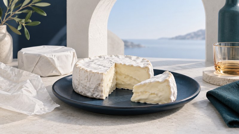 A cut Camembert wheel with white bloomy rind, a wedge and plain cheese wrapping on a navy plate.