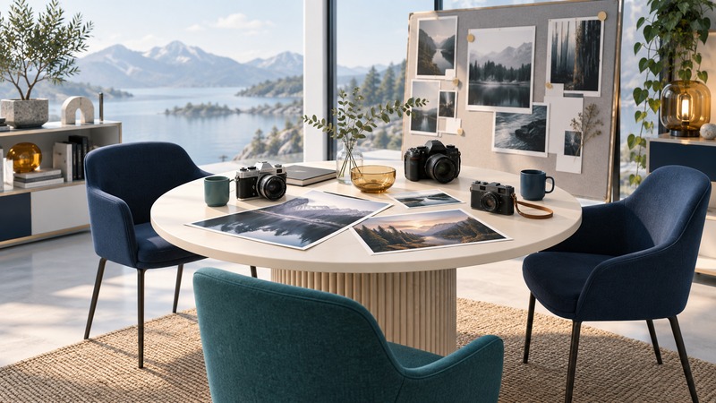 Three chairs surround a round table with cameras and prints beside a photo pinboard.