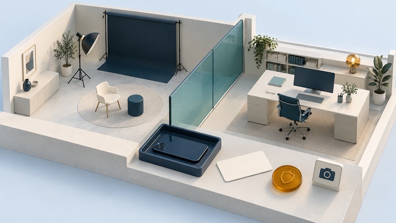 An ivory model of two work areas divided by teal glass, with a phone storage tray, blank permission card and camera plaque.