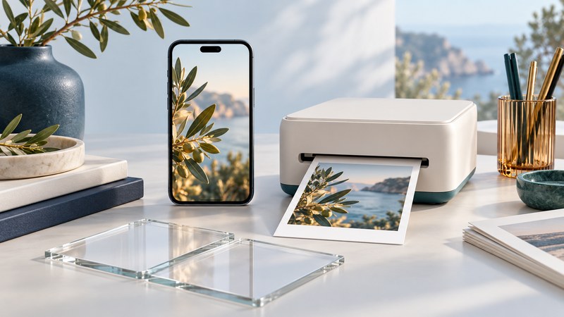 A smartphone and compact photo printer show a botanical scene beside clear crop frames.