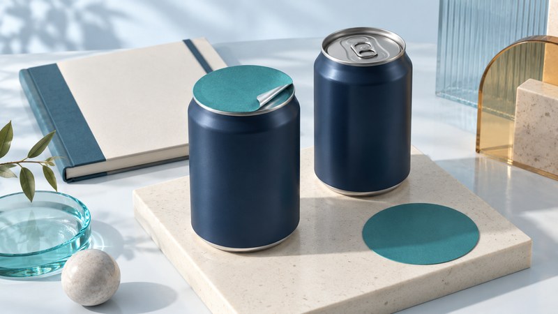 Two navy cans, a removable teal cover, a circular label sample and an ivory notebook on a display slab.
