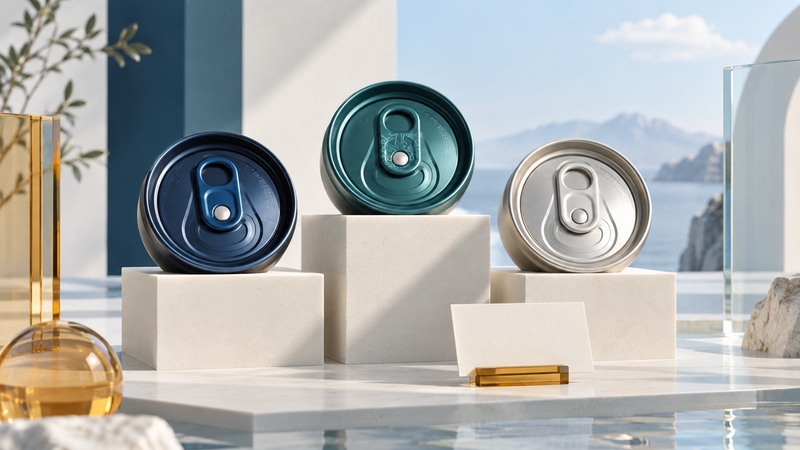 Three stylized navy, teal and silver can ends stand on ivory platforms.