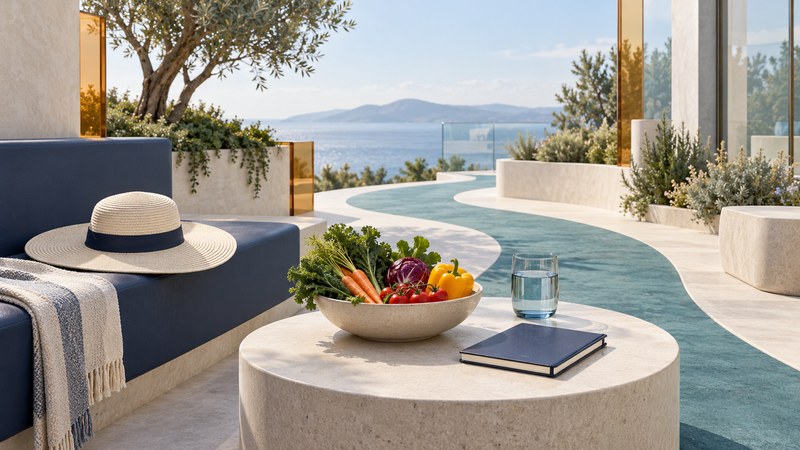 A sun hat, vegetables and appointment notebook beside a curving walking path.