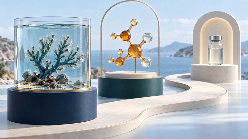 A marine branching colony in a glass case, an amber molecule sculpture and a distant medicine vial connected by a winding path.