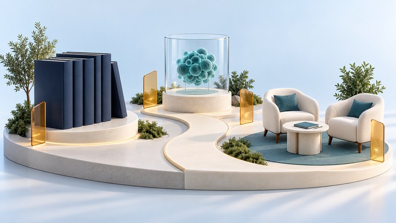 A conceptual pathway joins reference books, a cellular model and a pair of consultation chairs.
