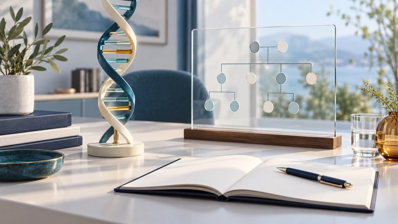 A double-helix teaching model and a symbolic family tree on glass beside an open notebook.