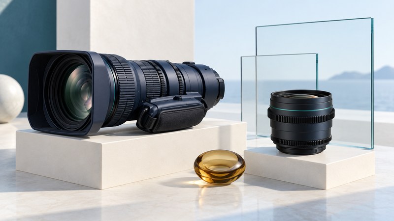 A conceptual broadcast zoom lens and cinema prime stand beside glass frames representing different image coverage.