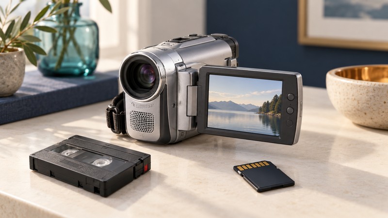 A conceptual compact silver tape camcorder beside a cassette and a separate SD memory card.