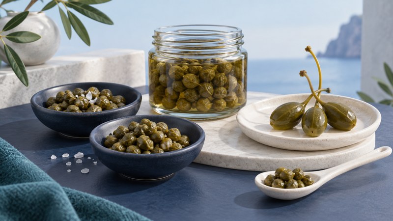 Small caper buds in navy bowls and a brine jar, with larger stemmed caperberries on an ivory dish.