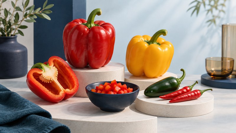 Red and yellow bell peppers, a cut pepper half and smaller green and red chiles on ivory platforms.