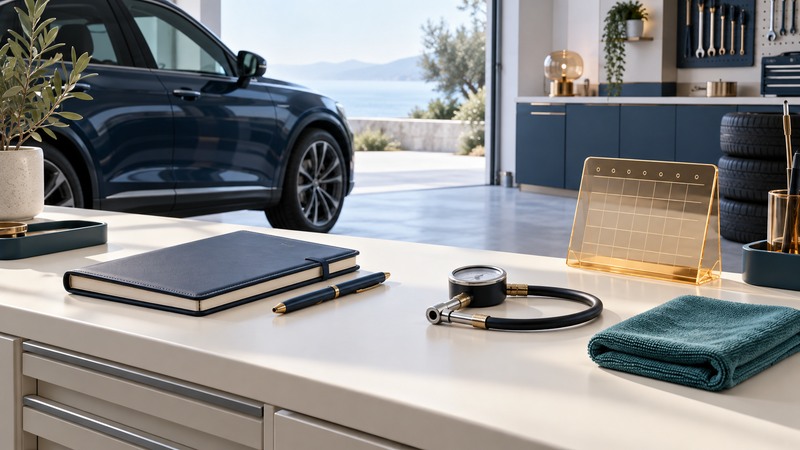 A service notebook, pressure gauge and cloth sit on a workbench beside a parked car.