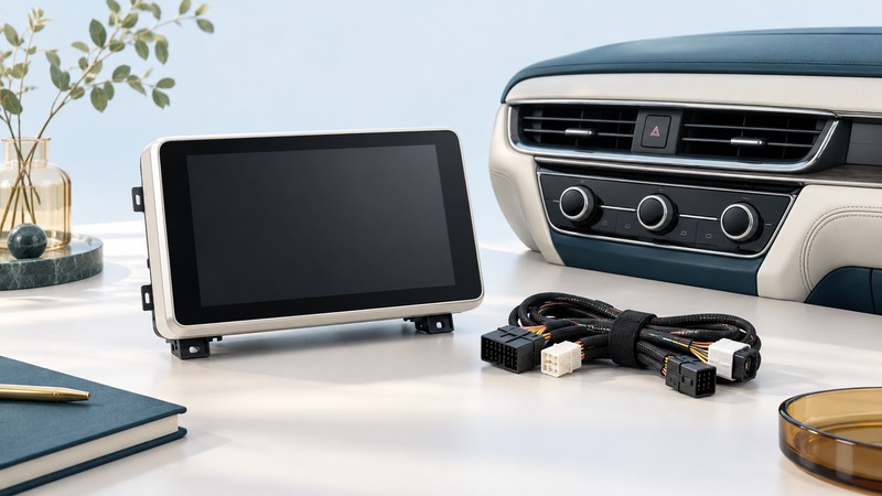 Detached infotainment display and bundled connectors beside a dashboard segment with physical controls.
