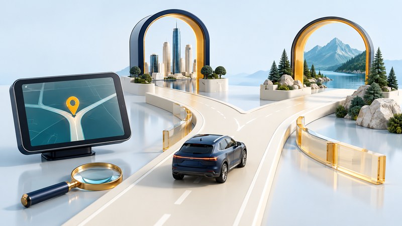 A miniature navy car faces a forked road beside a navigation display and magnifying glass.