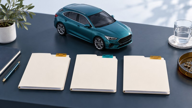 Unbranded teal car behind three equal-sized blank quote folders on a navy desk.
