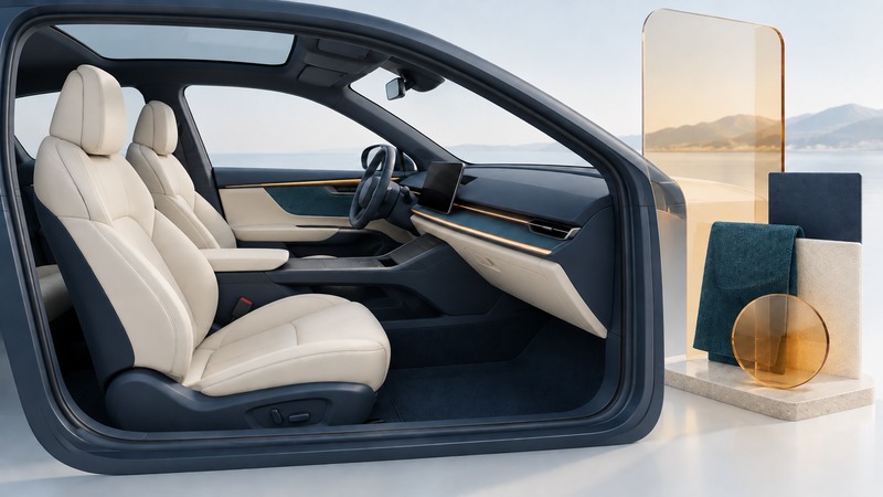 Car cabin cutaway with ivory seats, navy dashboard and separate fabric and trim samples.