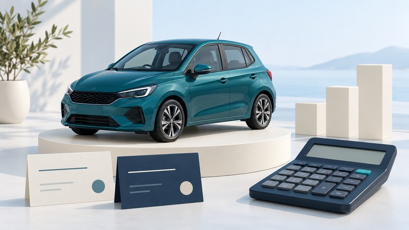 A teal compact car stands on an ivory platform beside two offer cards, payment blocks and a navy calculator.