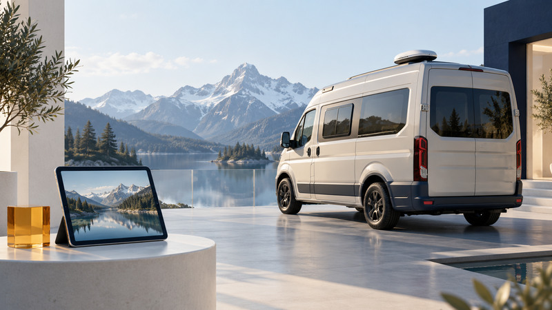 A parked ivory camper van with a low roof dome stands behind a tablet showing a mountain lake.
