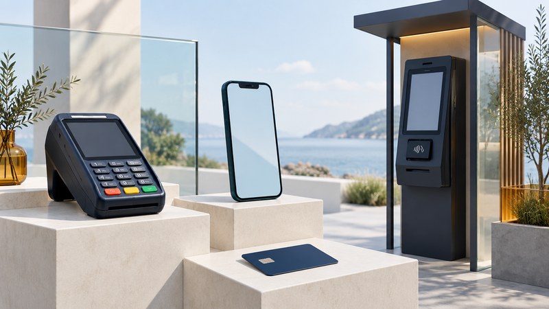 A countertop payment terminal, smartphone and sheltered self-service kiosk on ivory display platforms.