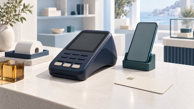 A navy payment terminal, blank-screen phone and plain chip card sit on an ivory shop counter.