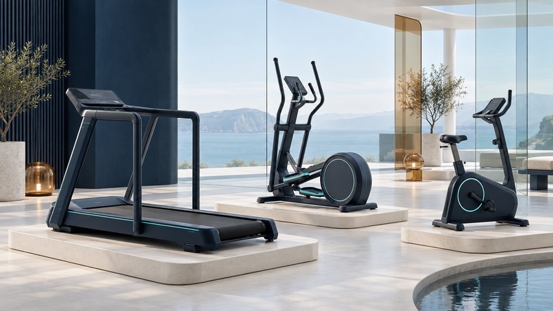 A treadmill, elliptical trainer and upright exercise bike stand in a bright architectural showroom.