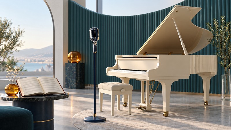 Vintage microphone, ivory grand piano, and open music folio beside teal architectural panels.