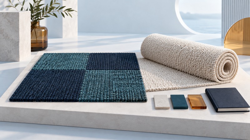 Navy and teal carpet tiles sit beside an ivory broadloom sample, material swatches, and a closed notebook.