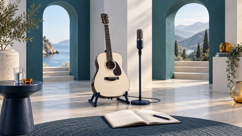 Ivory acoustic guitar and navy microphone beside a blank notebook and teal doorways.