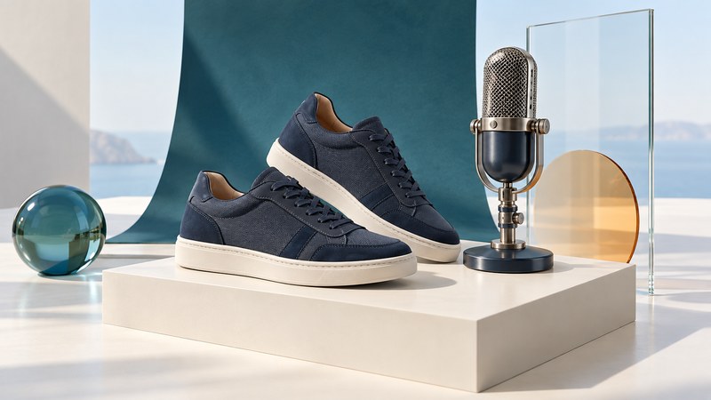 Plain navy casual shoes share a display with a studio microphone and glass panel.