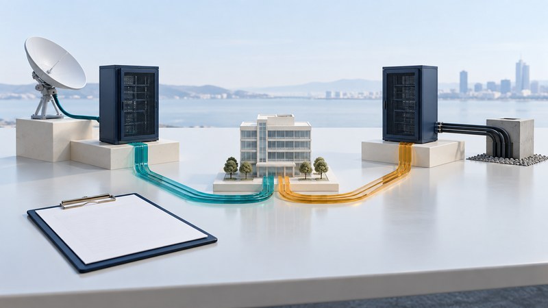 An office model is connected to two separate equipment cabinets by teal and amber conceptual paths.