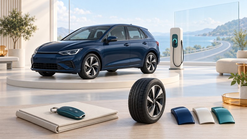Illustrated car ownership studio with a hatchback, charging pedestal, tire, service notebook, key and paint samples.
