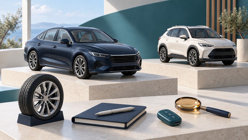 Navy sedan and ivory crossover models stand on display plinths beside a wheel, vehicle-record notebook, teal key fob and amber magnifying lens.
