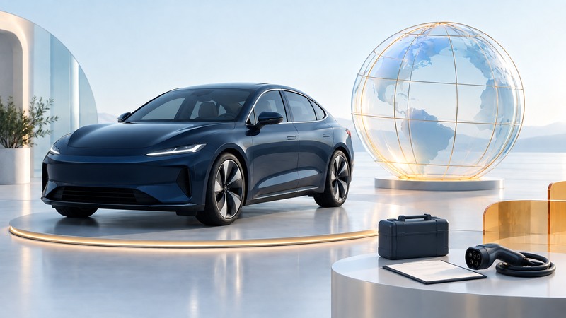 Unbranded electric car beside a translucent globe, service case, document and charging connector.