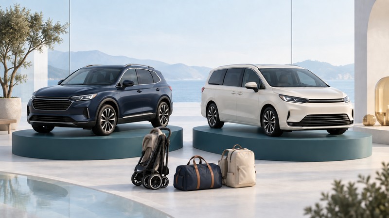 A crossover and minivan sit on separate display plinths with a folded stroller and travel bags.