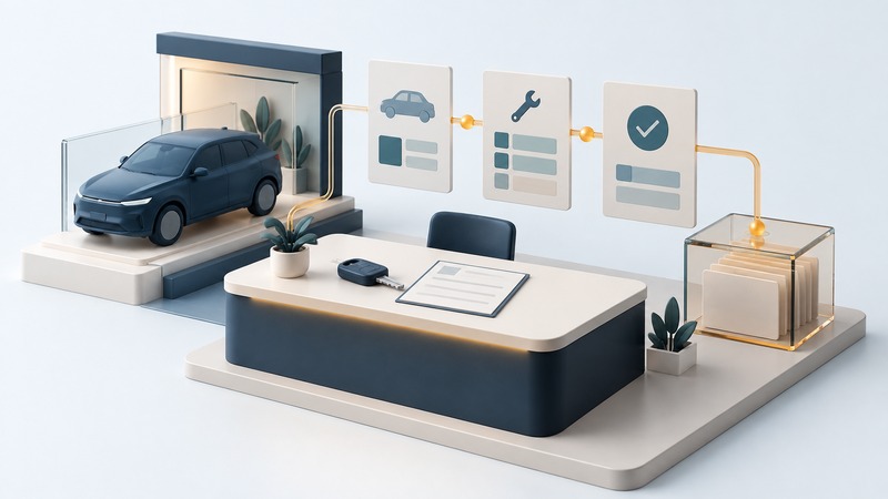A dealership desk with a key and service record connected to three abstract workflow panels and an archive box.