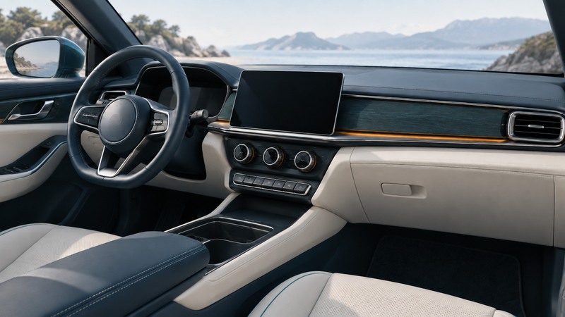 A car dashboard combines a blank central screen, physical climate knobs and steering-wheel controls.