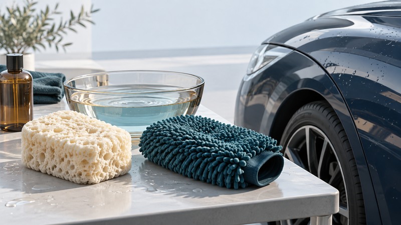 Porous ivory sponge and teal wash mitt beside a water bowl and navy vehicle body panel.