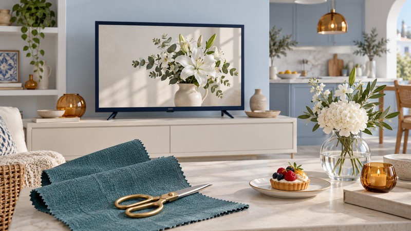 A television showing flowers sits behind fabric swatches, scissors, a dessert and a vase in a calm interior.