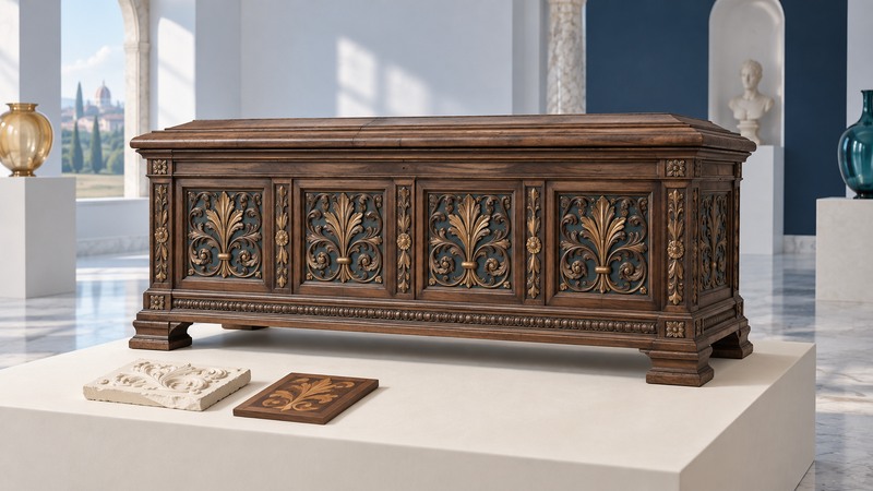 A conceptual carved walnut marriage chest with gold accents stands beside relief and inlay samples on a museum plinth.