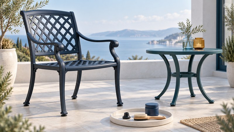 A navy cast-metal patio chair with an open lattice back beside a teal round table, with a spare foot glide and care tools in a tray.