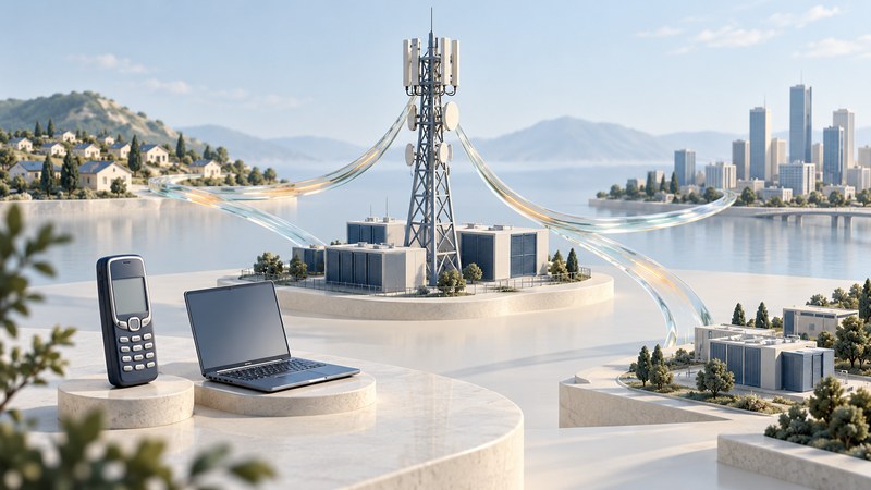 A miniature mobile phone, laptop and cellular tower connected across glass paths.